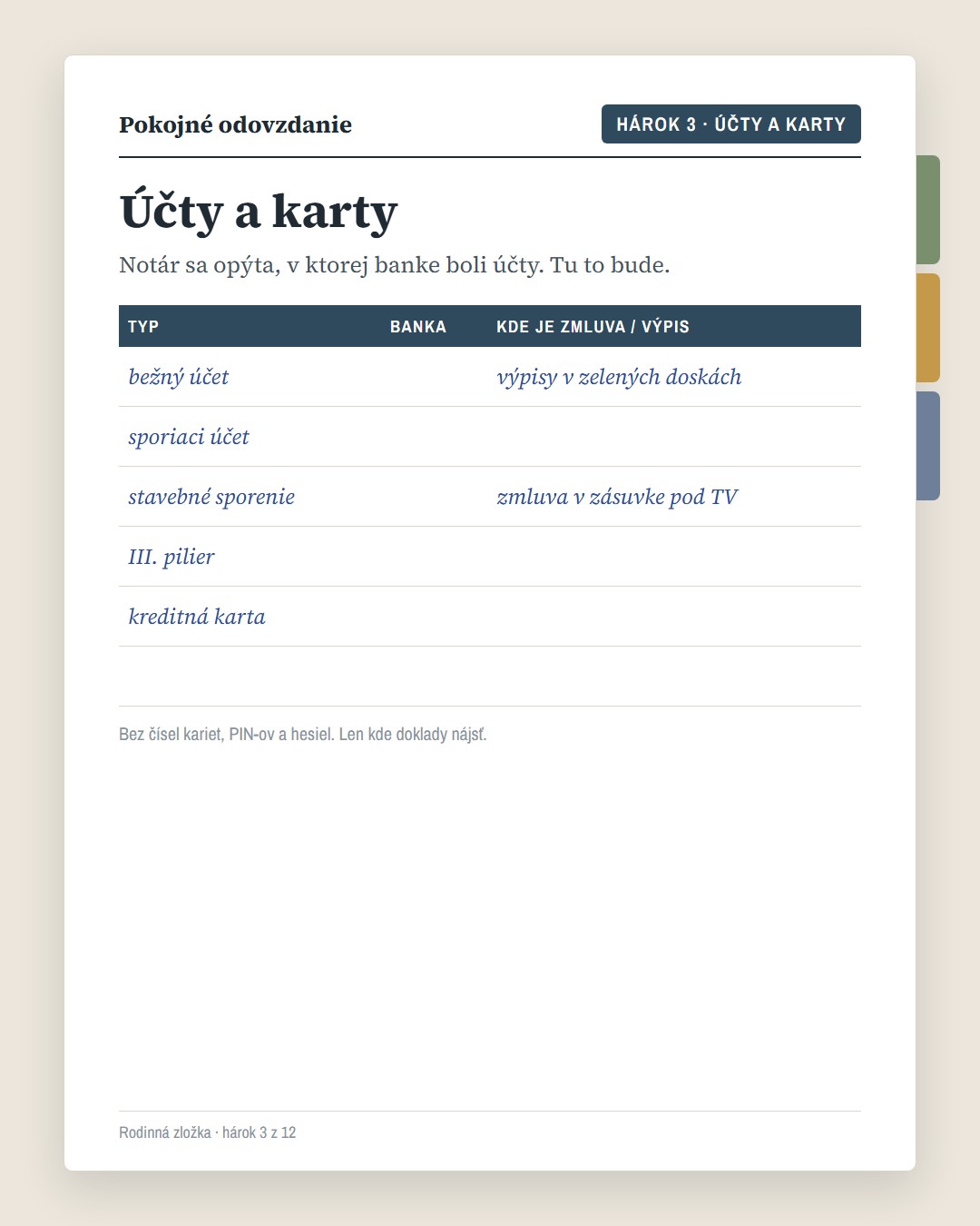 Hárok „Účty a karty“